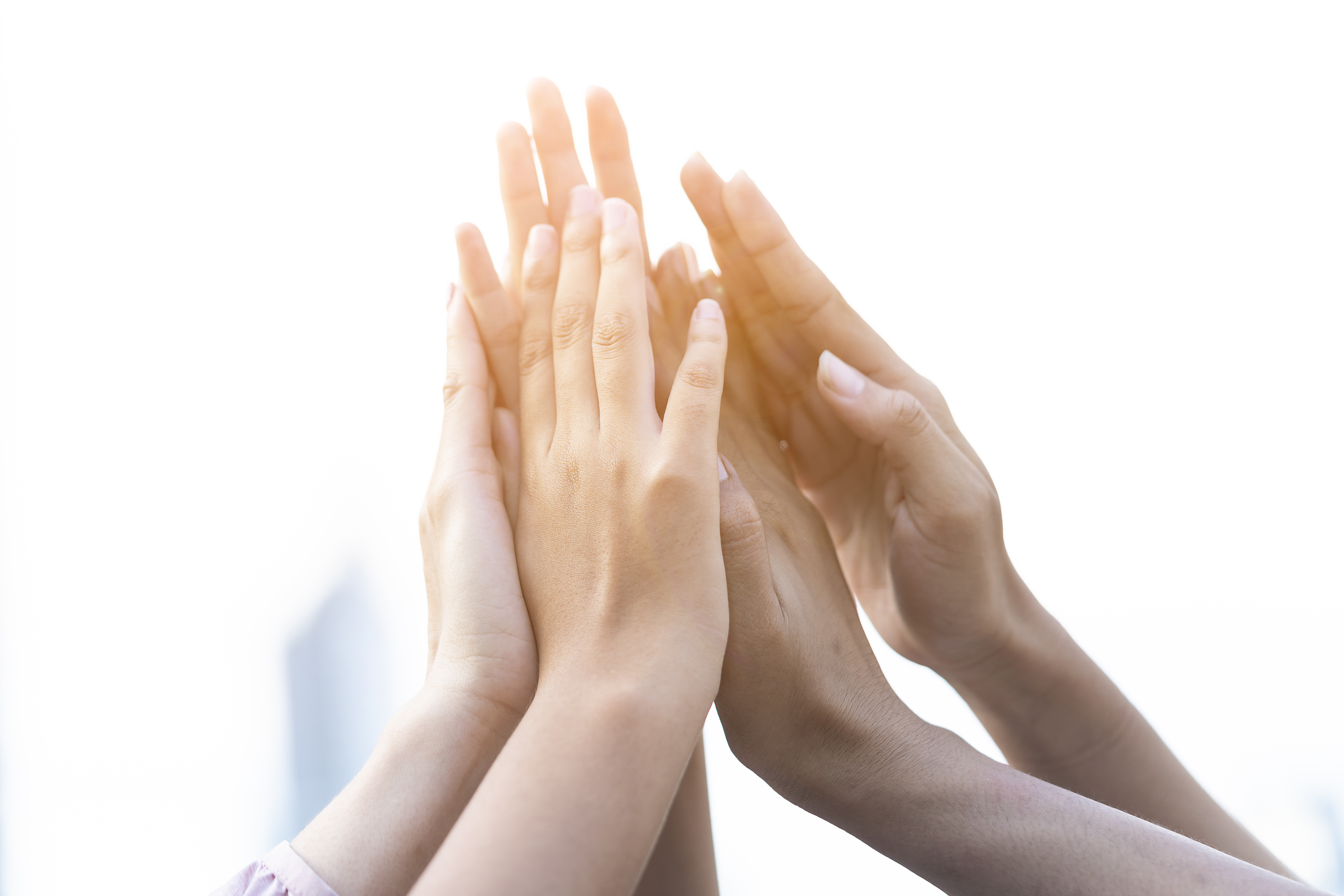 Group of diversity people volunteer success teamwork Gesture high five Together or greeting power of tag team. friends unity togetherness in Volunteer community. Collaboration new generation concept.
